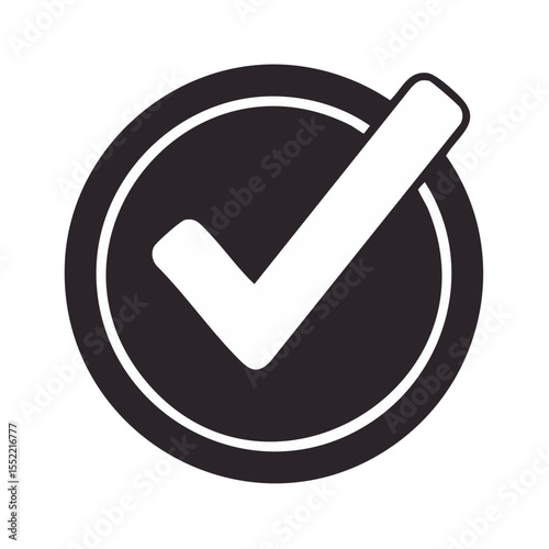 White check mark within a circle against a black background indicates validation approval agreement confirmation