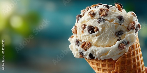 Creamy ice cream topped with chocolate chips and nuts in a cone on a sunny day by the beach