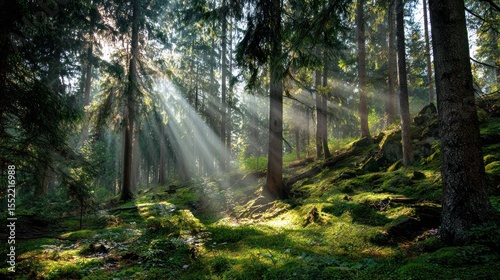 Sunlight Filtering Through Dense Forest with Moss-Covered Ground, Nature's Beauty and Tranquility, Concept of Environmental Exploration and Green Lifestyle