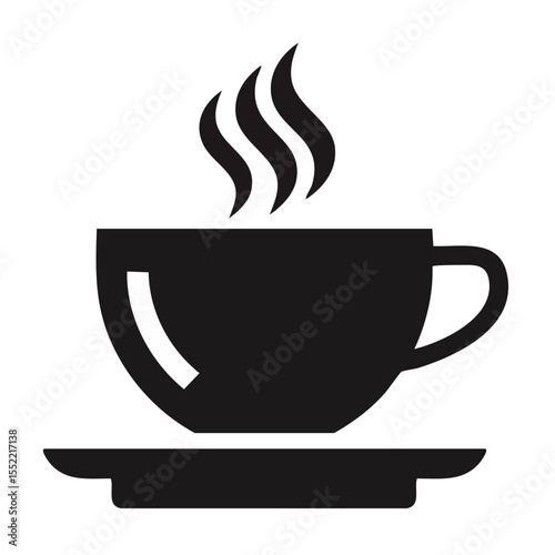 Hot Coffee Cup with Steam on Saucer Simple Black and White Icon Illustration Design Refreshment Break Cafe Beverage