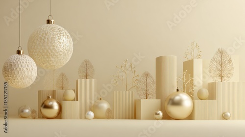 Elegant Beige Holiday Background with Decorative Christmas Baubles and Abstract Tree Shapes