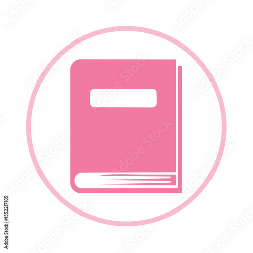 Pink book icon on white circle emblem. Education and learning concept. Vector illustration for design and decoration. Isolated on black background