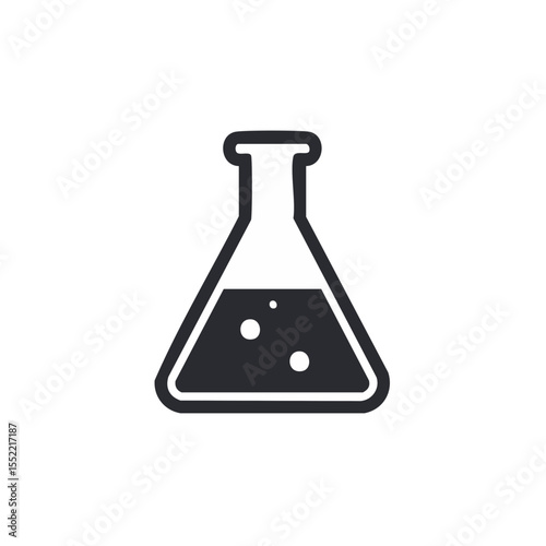 White laboratory flask with liquid and bubbles, against a dark background, laboratory equipment, science.