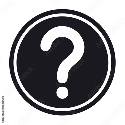 Question mark symbol icon in black circle button design. Sign of doubt FAQ help and problem solving unknown concepts flat vector graphic.