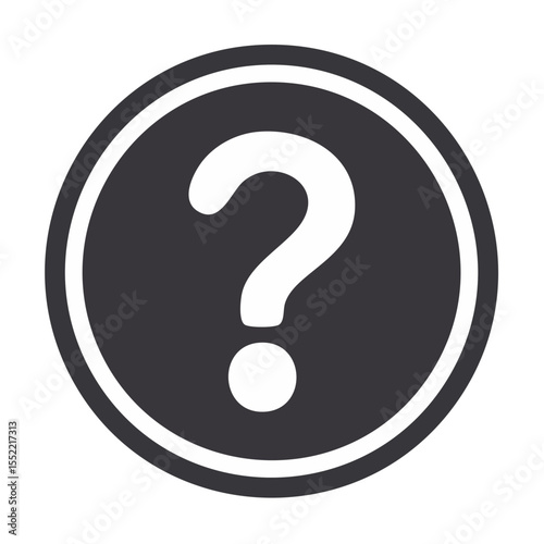 White question mark icon on gray circle, uncertainty symbol isolated on black background, solution or help concept