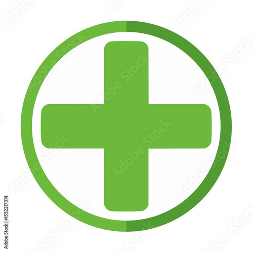 Green cross symbol in white circle, plus sign icon for health, medical, safety, and positivity concepts