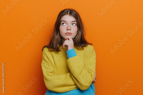 Thoughtful Teenage Girl Wearing a Yellow Sweater Against an Orange Background Contemplating Ideas, Concept of Youth-Lifestyle and Advertisements