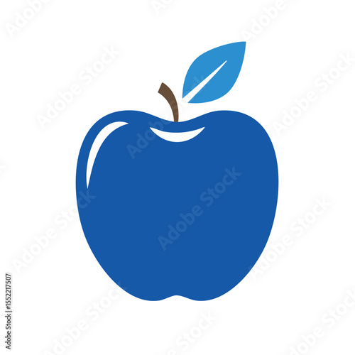 Illustration of a blue apple with leaf and stem on black background, healthy eating and nutrition concept, design element