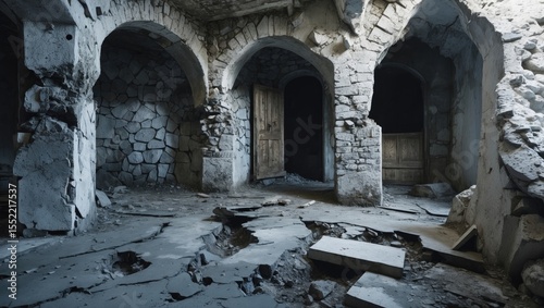 Age coarse shabby masonry backdrop with crumbled black and white house cellar, bumpy vintage facing design, dirty rural facade of fortified tower, damp mold destroy ground floor