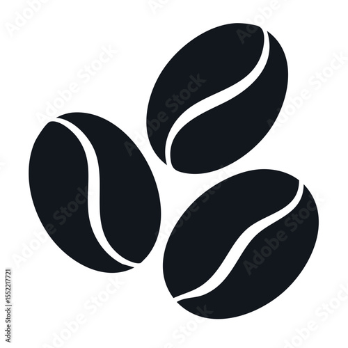 Three dark coffee beans on a black background, simple abstract cafe design element
