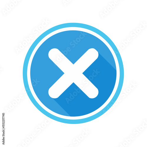 Blue Circle Icon with White Cross Symbol Button Showing Decline or Cancel Process with Long Shadow Effect on Black Background