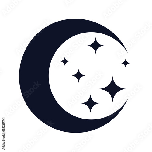 Crescent Moon and Stars Dark Blue Illustration on Black Background