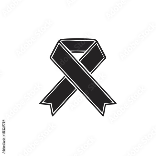 Simple Black Ribbon Isolated on Black Background Representing Mourning and Awareness
