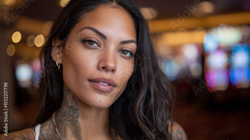 Charming woman with long dark hair and tattoos showcasing confidence in a vibrant gaming environment