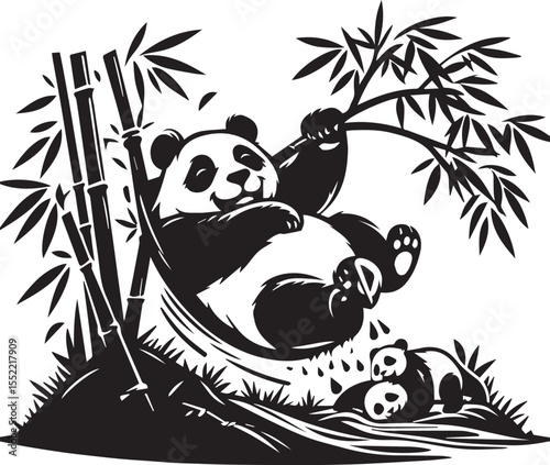 A cute panda bear illustration enjoys bamboo shoots while relaxing among the bamboo trees in a peaceful black and white design.