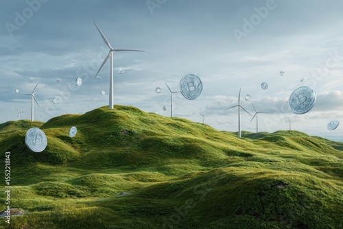 Sustainable Energy Landscape with Wind Turbines and Symbolic Cryptocurrency Coins in a Lush Green Field
