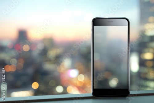 Modern Smartphone Displayed Against a Stunning Urban Scenic Background With Blurred City Lights at Dusk, Concept Of Mobile Technology, Advertising, and Lifestyle Innovations