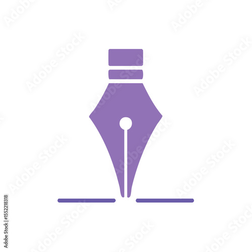 Pen nib writing with ink illustration in purple on dark background, minimalist vector design for writers, artists, calligraphers.