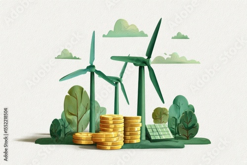 Green Energy and Financial Growth Represented with Wind Turbines and Coin Stacks