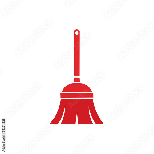 Red broom icon on black background house cleaning tool for sweeping floors and surfaces simple graphic for design or illustration