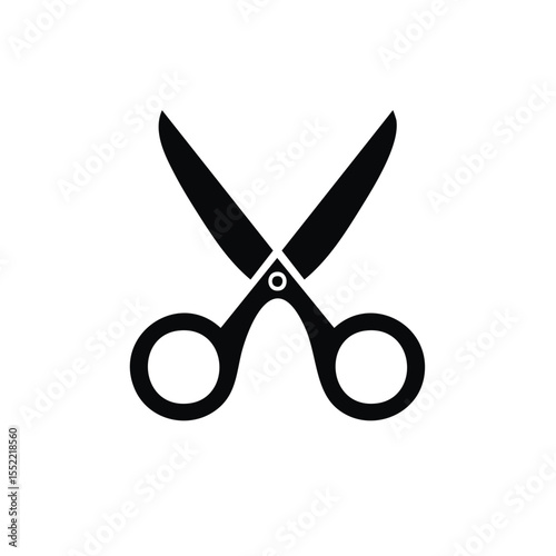 Open scissors silhouette on black background, cutting tool graphic, stationery instrument