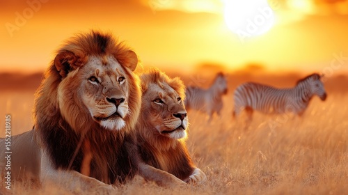 Two majestic lions lounging in the golden sunset, embodying power and serenity in the savanna, surrounded by zebras, symbolizing the beauty of wildlife and natural balance.