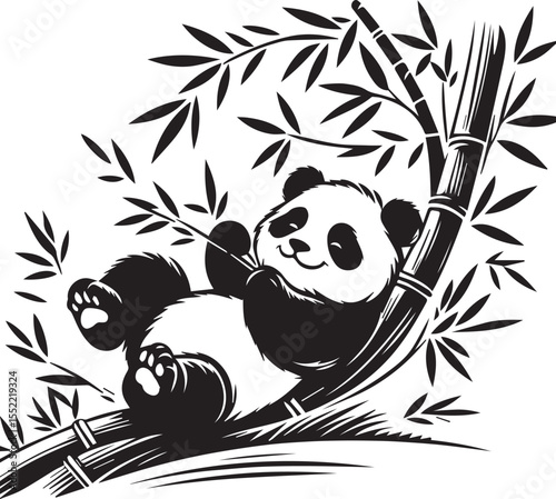 A cute panda bear illustration enjoys bamboo shoots while relaxing among the bamboo trees in a peaceful black and white design.