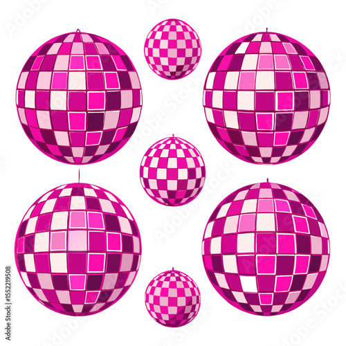 Collection of pink disco balls hanging against a white background