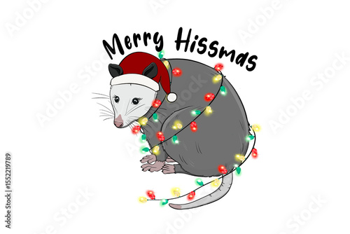 Papier peint Merry Hissmas – Illustration of an opossum wearing a santa hat is tangled in Chr