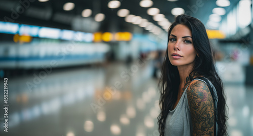Young woman with long dark hair and tattoos waits at airport terminal while traveling during busy hours in modern facility