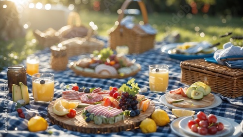 Creative arrangement made of various picnic elements. Scene with sunny day shadows. Outdoor lifestyle concept with empty copy space for text.
