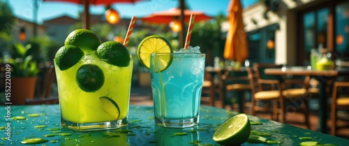 Panel kuchenny z motywem Fresh squeezed cold lime drinks on patio restaurant with empty space for text