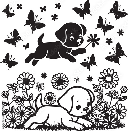 Adorable puppies playing in a meadow with butterflies and flowers creating a sweet, whimsical scene perfect for children's designs.