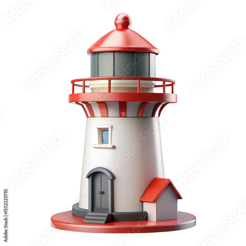 3d cartoon lighthouse with red roof isolated on transparent background