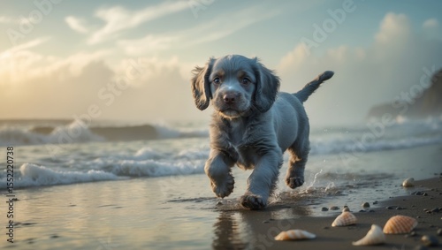 A cute blue roan cocker spaniel puppy playing on a beach.
