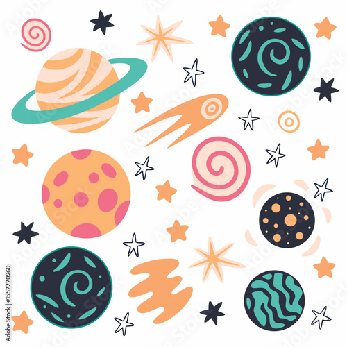 Space-themed background with colorful planets and stars