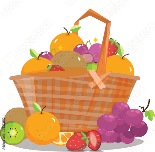 Flat Vector Illustration of a Fruit Basket with Assorted Fresh Fruits