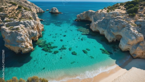 Aerial view of a stunning beach with crystal clear water, near Paphos, featuring rocky cliffs and white sands.