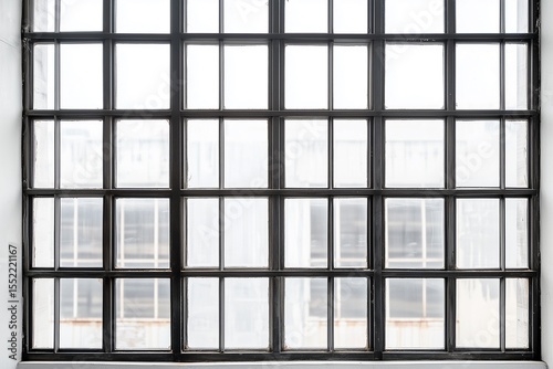 Old wooden window frame with peeling paint on a brick building wall, offering a glimpse of diffused light within