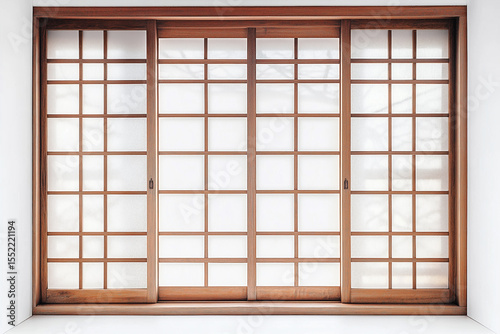 Traditional Japanese interior room featuring a wooden window with bamboo and wooden shutters, blending architectural design with natural elements
