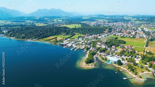 Aerial view of Prien am Chiemsee, a charming Bavarian town on the shore of Lake Chiemsee. Captured in summer, perfect vacation vibes with clear water, green landscapes, and sunny weather