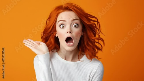 Surprised redhead woman reacting with animated expressions on orange background. Funny, quirky, crazy