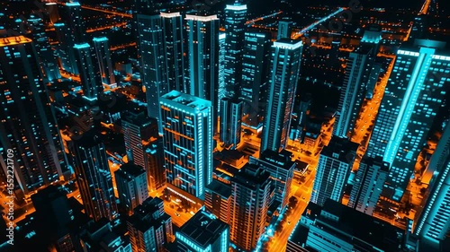 Futuristic aerial cityscape with neon lights and skyscrapers in dynamic motion