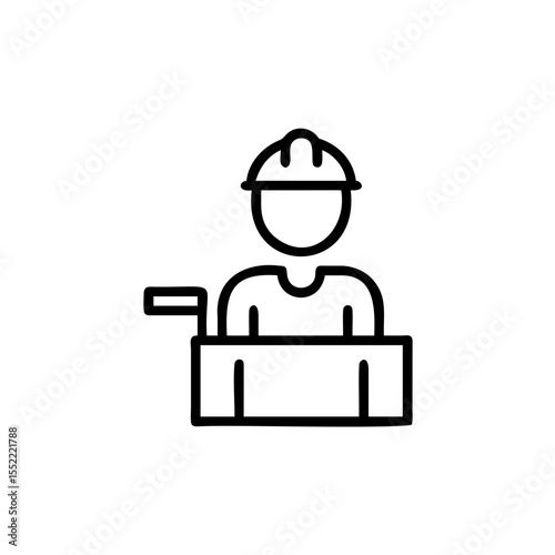 Line art construction worker with hard hat and a box on a background labour hardhat