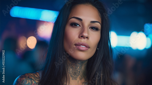 Captivating young woman with tattoos posing confidently at a lively nightclub, showcasing a unique blend of style and charisma in a vibrant party atmosphere