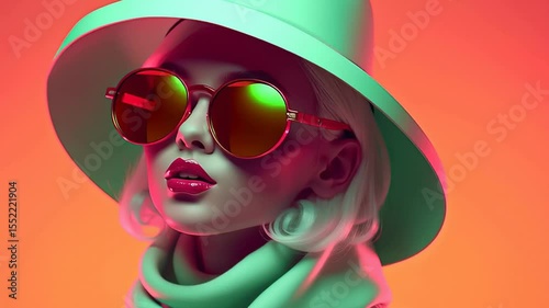Fashionable young caucasian woman in stylish sunglasses and hat with modern neon lighting. Creativity, fashionista, stylish, 