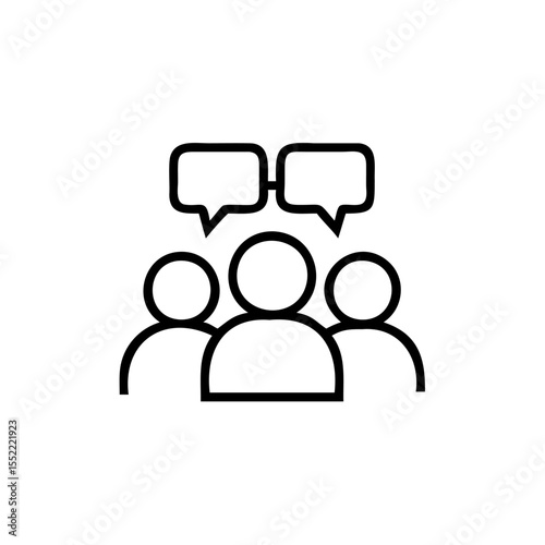 And graphic of three people with speech bubbles representing discussion or labour