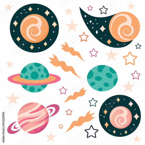 Space and planet icons in playful doodle style