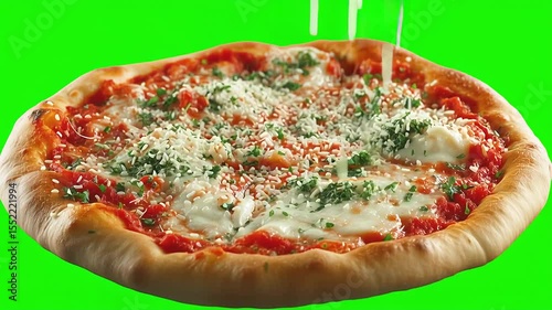 Tasty pizza topped with grated cheese and herbs on green screen for food advertising