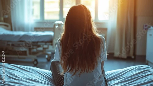 Contemplative young woman in peaceful bedroom setting with morning light from window
